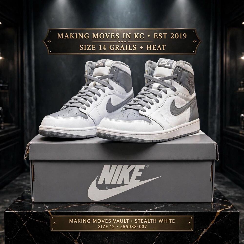 Size 12 - Nike Men's Air Jordan 1 Retro High OG Stealth White Grey 555088-037